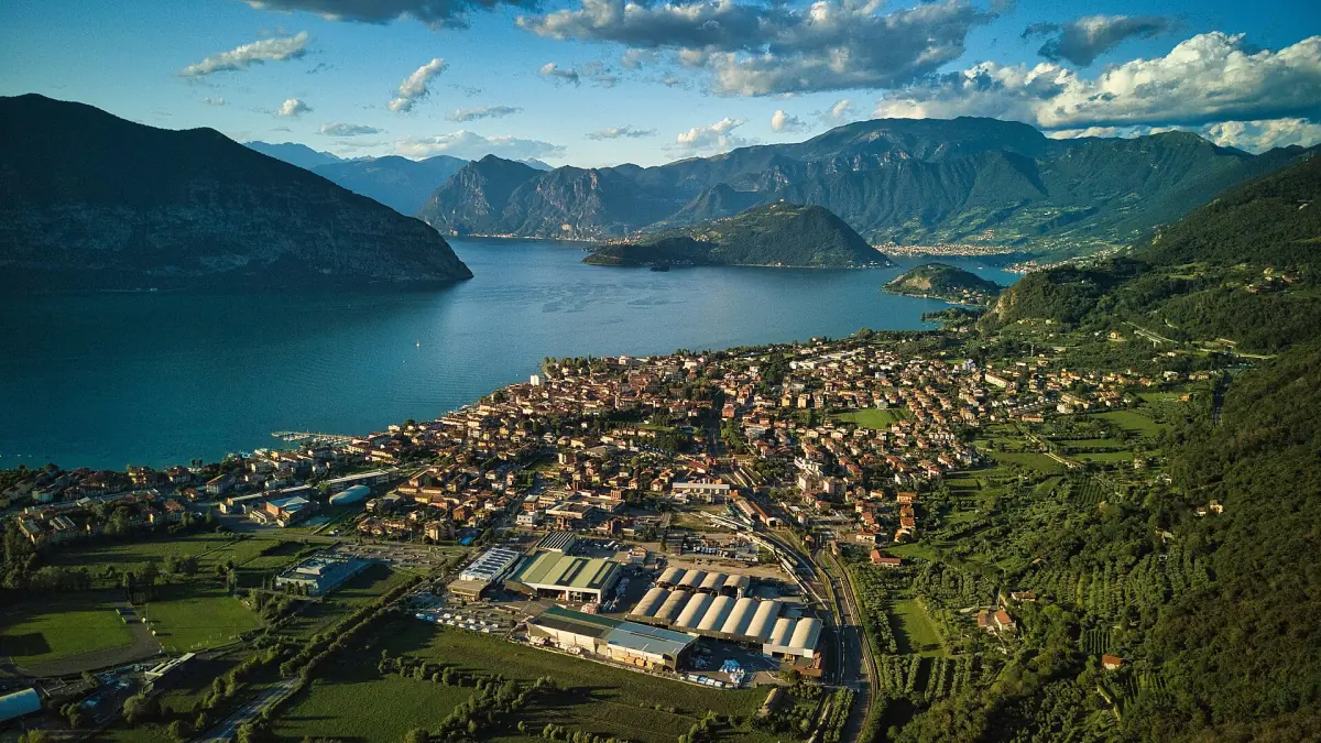 Lake Iseo and its shore town from above